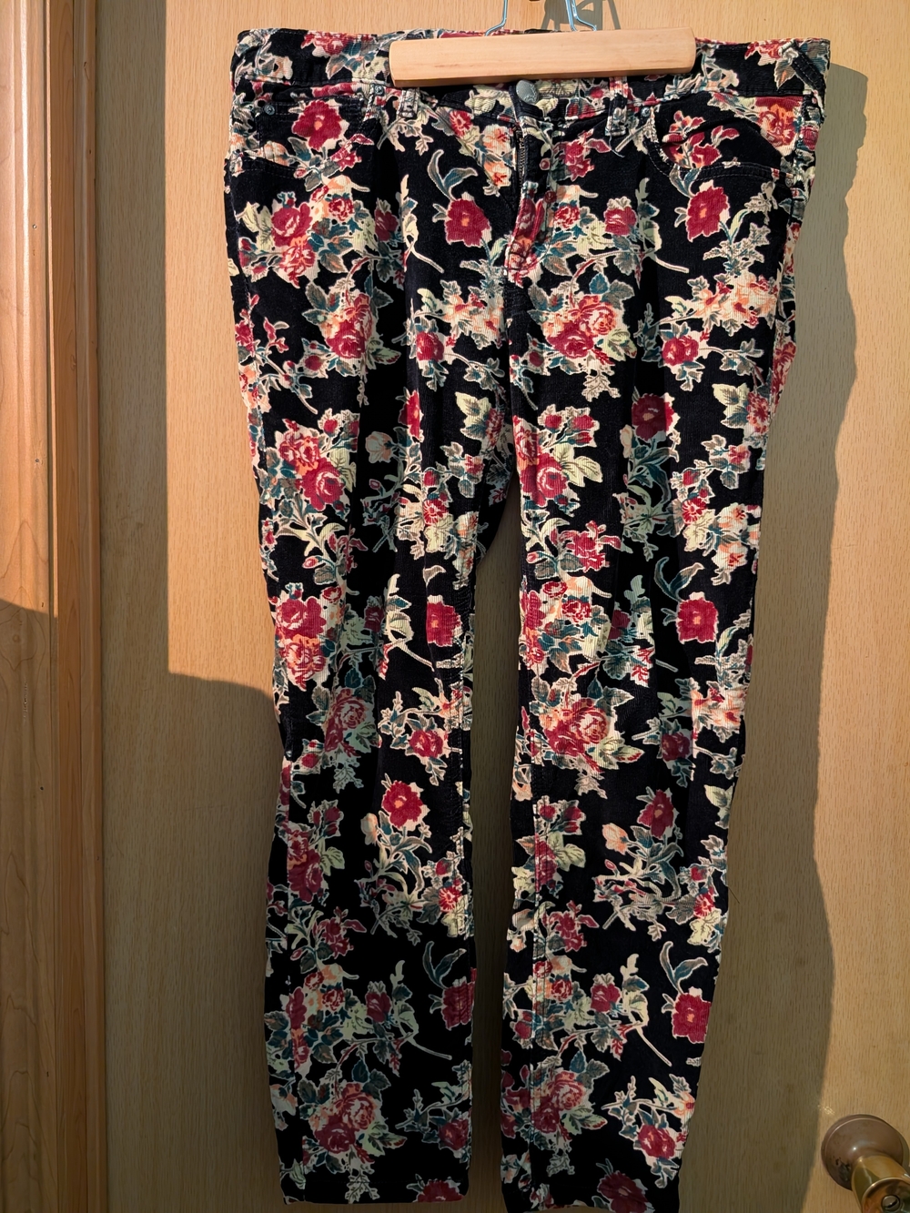 Free People Black Floral Corduroy Skinny Pants with Red & Cream Flowers